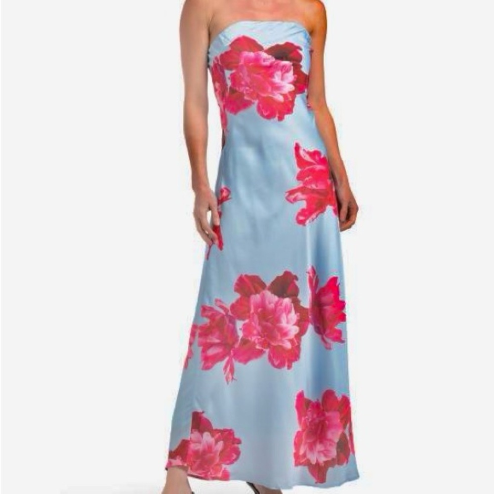 Strapless Light Blue Maxi Dress with Pink Floral Print